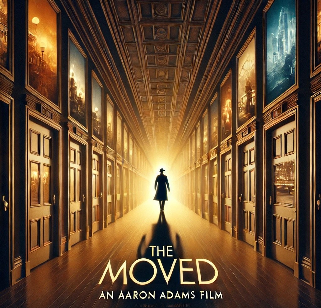 The Moved — a man walks down an endless corridor of doors toward a blinding light.