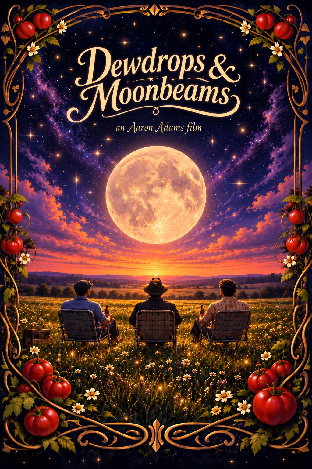 Dewdrops & Moonbeams — three friends in chairs beneath a huge full moon, framed by tomato vines.